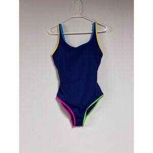 BMJL Womens Ribbed One Piece Swimsuit Navy Blue Neon Colorblock Athletic Size M